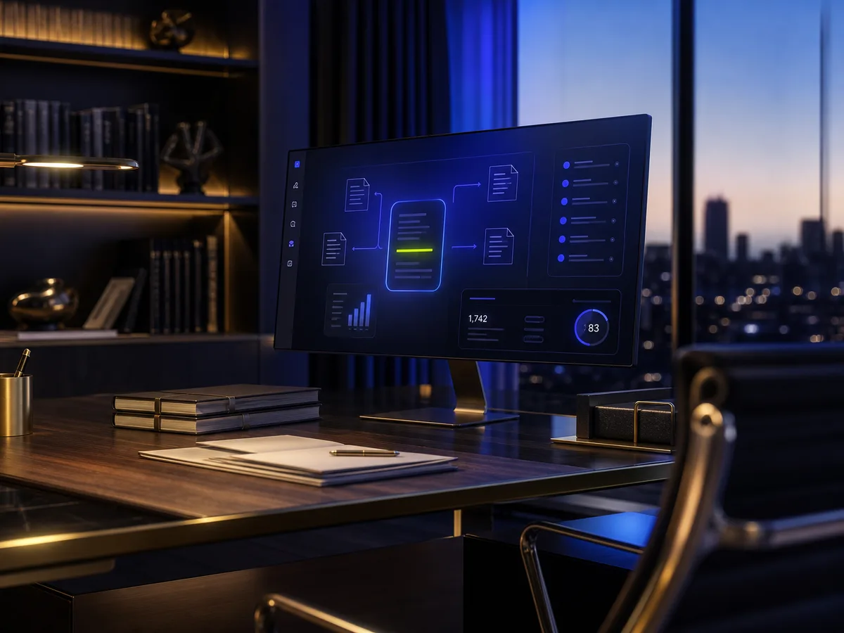 Modern professional-services office with an AI document-automation dashboard