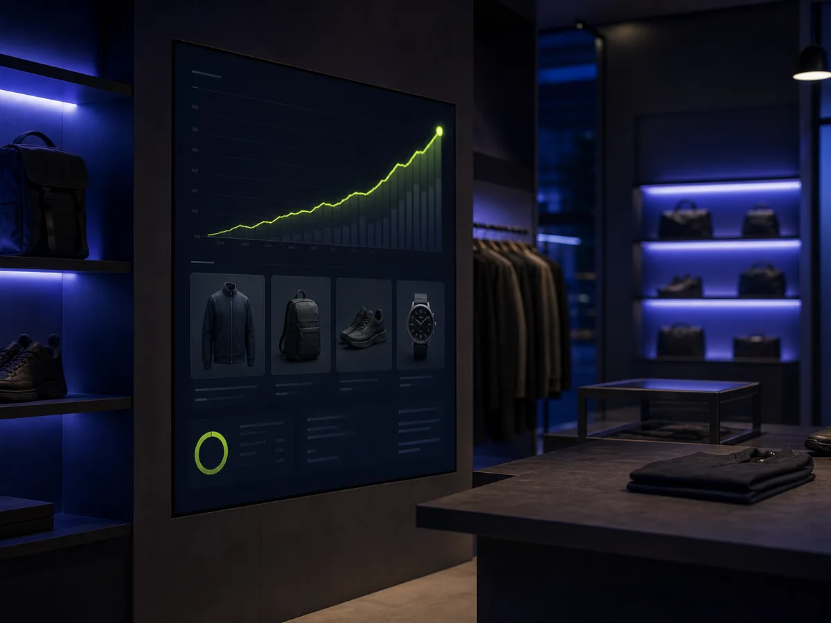 Premium retail interior with an AI sales-analytics display